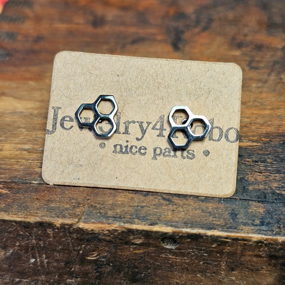 Black Honeycomb Stainless Steel Stud Earrings Women OS Hexagon Geometric